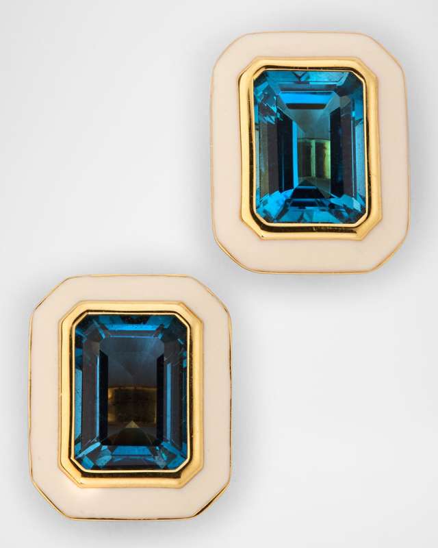 Queen 18K Yellow Gold London Blue Topaz Stud Earrings with White Enamel